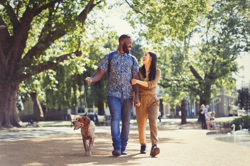 Couple walking their dog through city