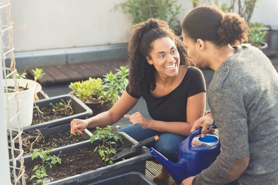 A couple working together on their rooftop garden