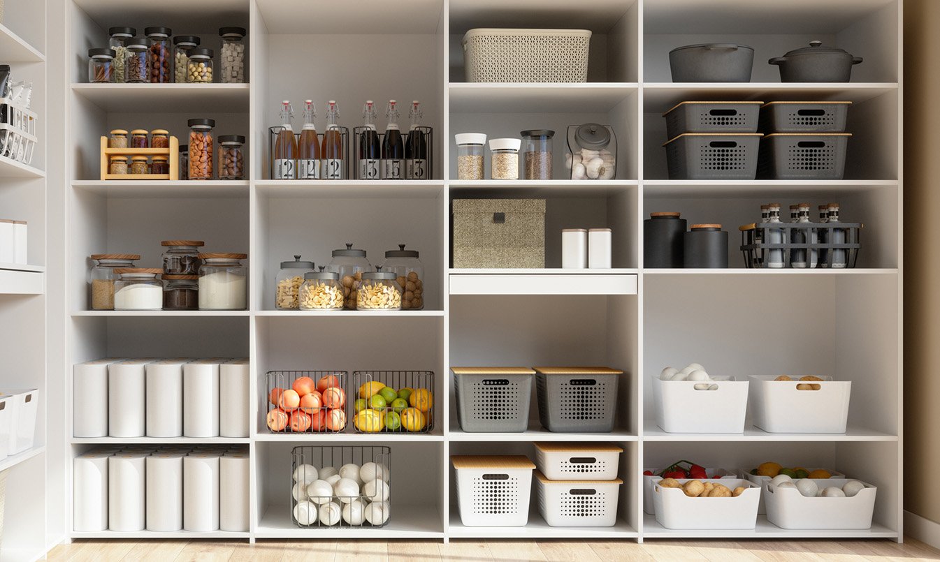 Pull out pantry drawers are an organized, presentable way to store items on  the shelves of your pantry.